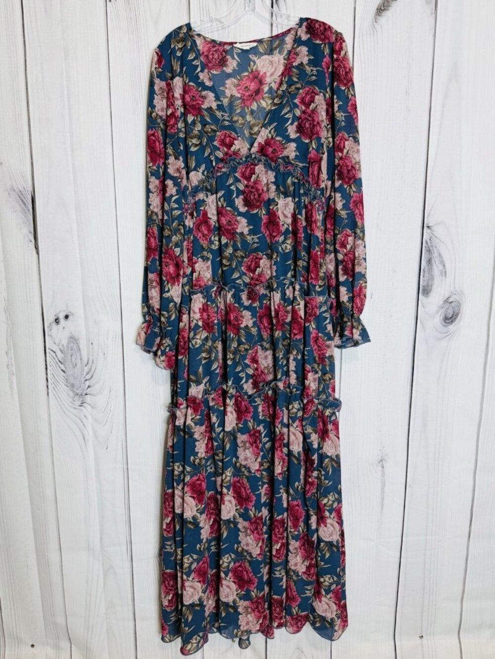 Ee:some Women's Floral V-Neck Long Sleeve Tiered Maxi Dress Sz L